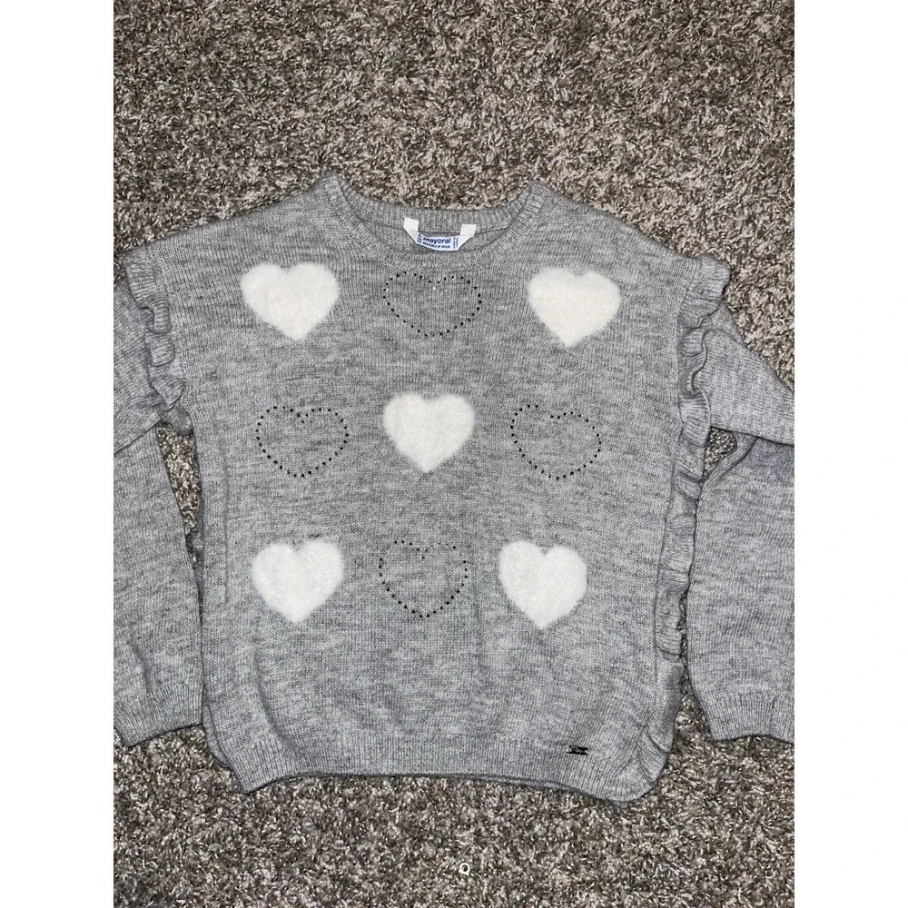 Mayoral Glitter & Fuzzy Hearts Ruffle Sweater Gray Toddler Little Girl Size 5